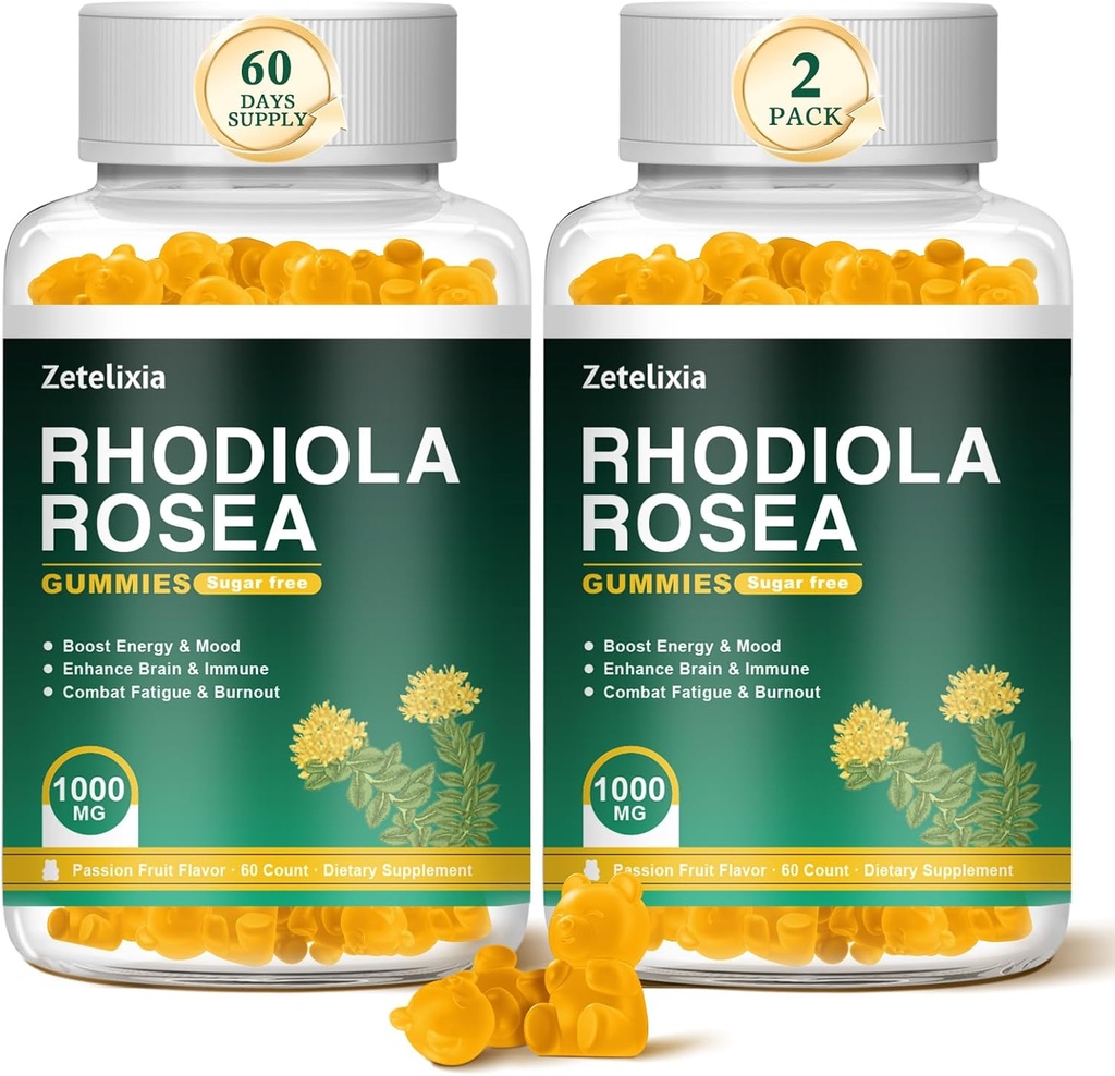 2 Pack sin azúcar Rhodiola Rosea Gummies 1000mg, Rhodiola Rosea Suplemento para Hombres Mujer, Apoyo Endurance, Mood & Energy, Non-GMO, Vegan, 120 Conde