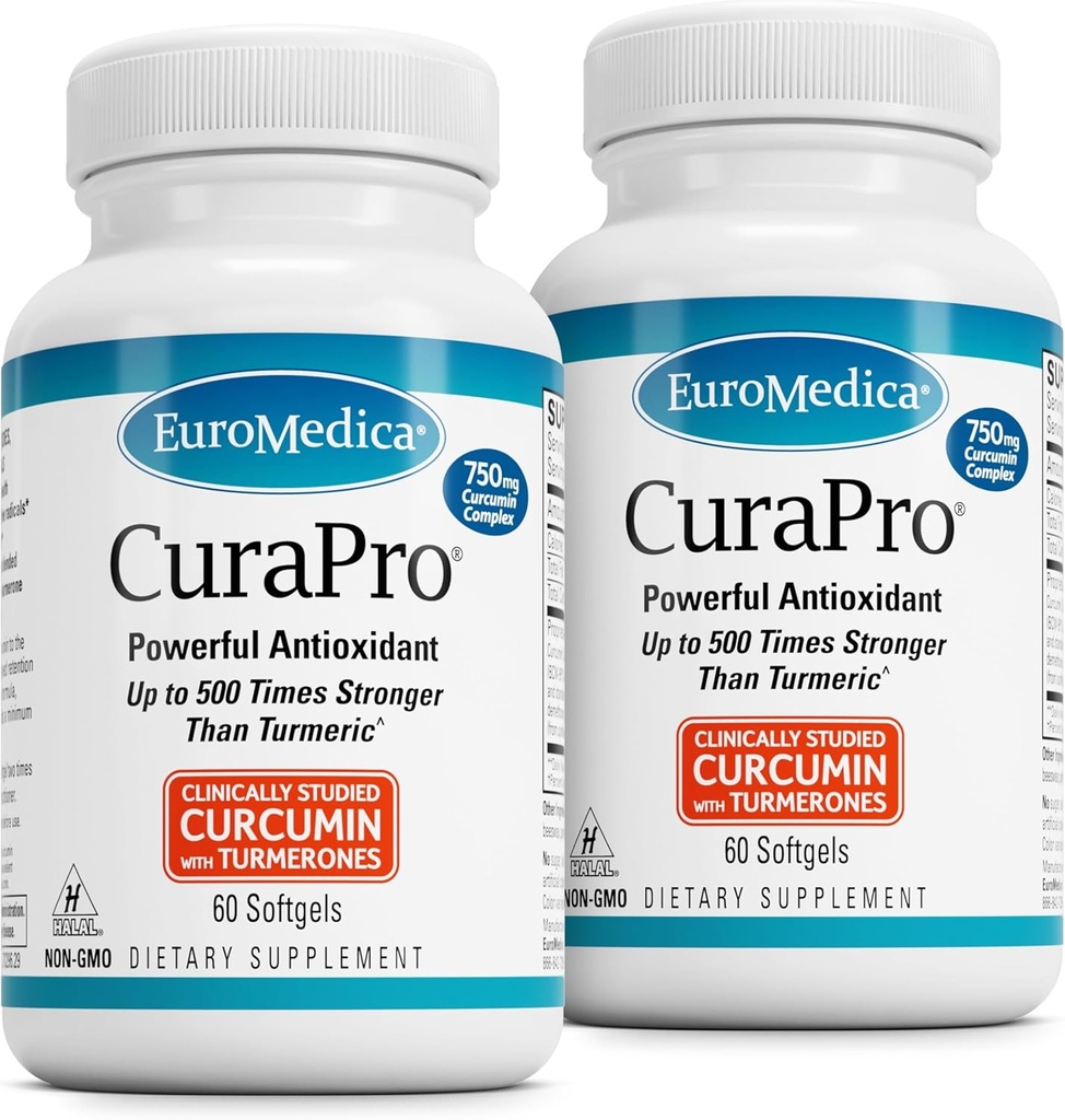 EuroMedica CuraPro - Suplemento Antioxidante para Cerebro &amp; Apoyo a la Salud - Suplemento dietético con Curcumin &amp; Turmeric Aceite Esencial - Herbal Liver Support - 60 Softgels, 2 Pack (120 Softgels)