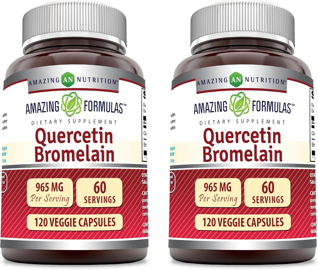 Amazing Formulas Quercetin 800mg con Bromelain 165mg, 120 Veggie Capsules Suplemento (Pack of 2) - No GMO - Gluten Gratis - Apoyos Salud general y bienestar