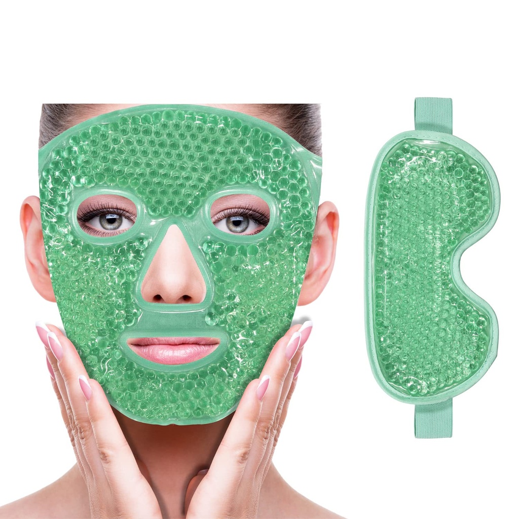 ZNÖCUETÖD Cooling Ice Face Eye Mask for Reducing Puffiness, Bags Under Eyes,Sinus,Redness,Pain Relief,Dark Circles, Migraine,Hot/Cold Pack with Soft Plush Backing(Green(1* Eye Mask+1*Face Mask)