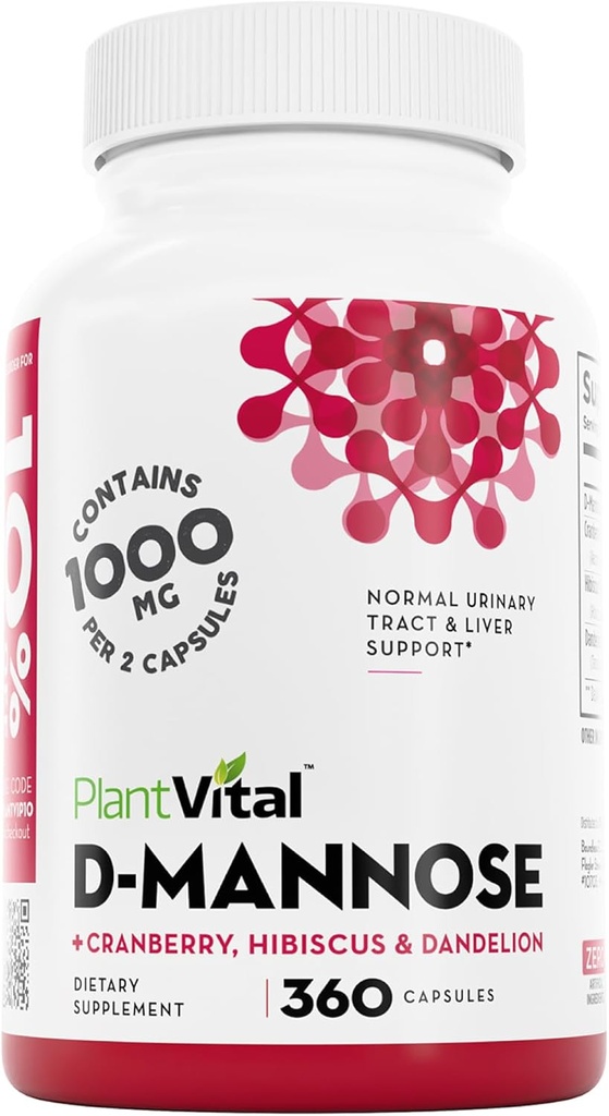 Plantvital D Mannose Capsules with Cranberry - D-mannose 1000mg Capsules - High Potency for Bladder, Kidney and Urinary Tract Support. Cranberry Powder con Hibiscus y Dandelion. Suministro de 6 meses
