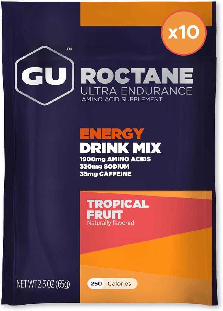 GU Energy Roctane Ultra Endurance Energy Drink Mix, Vegan, Gluten-Free, Kosher, 35 mg de Caffeine y Dairy-Free n-the-Go Energy for Any Workout, 10 Single-Serving Packets, Tropical Fruit