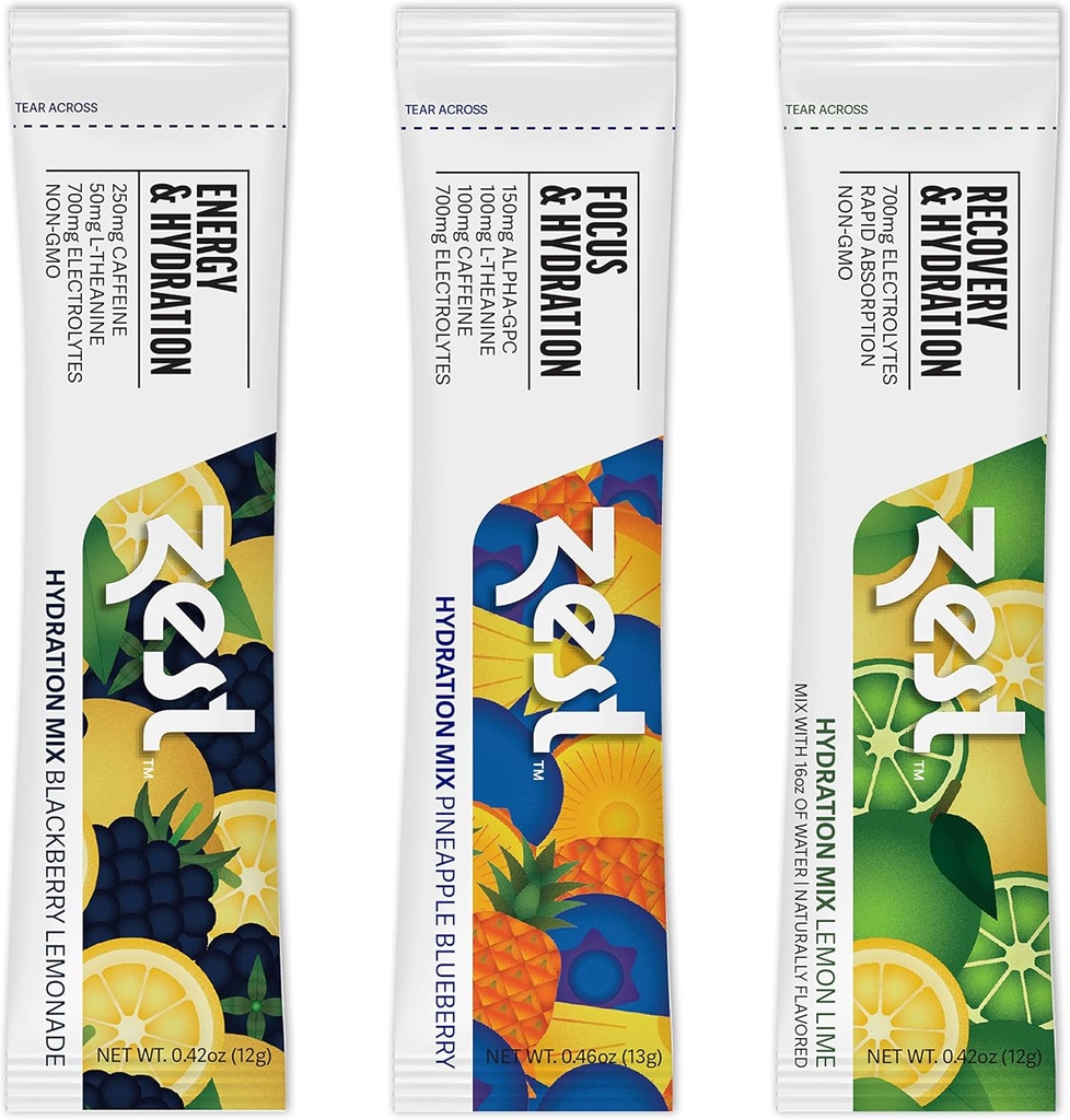 Zest Hydration Electrolyte Powder - Variety Pack - Mix w/Water - 6 Packets de viaje - Suplemento de bajo azúcar - Recuperación, Energía, " Focus Drink - IV Pillars of Liquid Rehydration incl Salt " Potassium