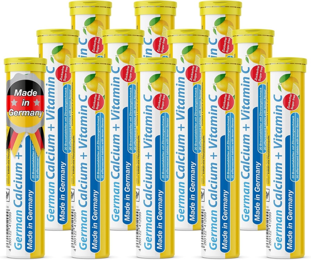 Calcio alemán + VIT. C - 240 Tablas de Efervescencia de Bebida Vegan - Limo Lime Flavor - Hecho en Alemania