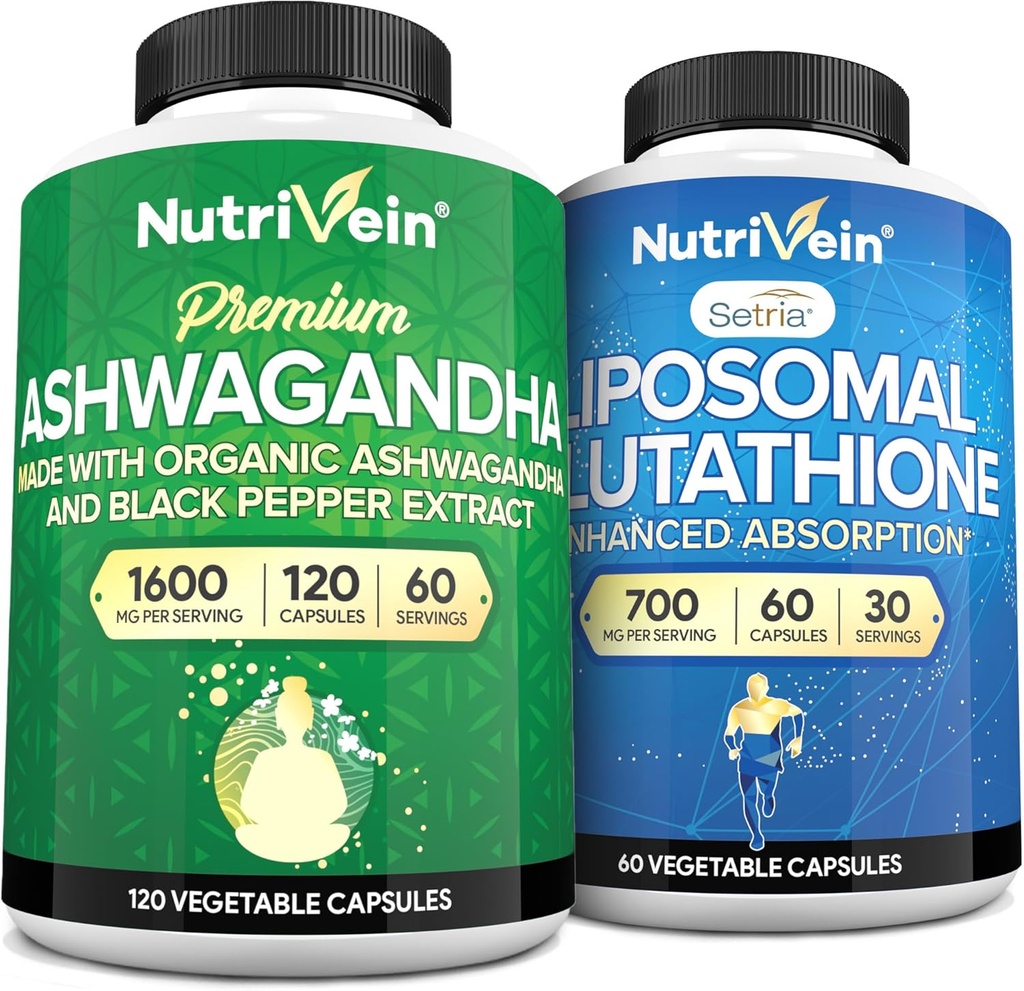 Nutrivein Premium Ashwagandha & Liposomal Glutathione Supplement Bundle: High-Absorption Glutathione Liposomal Supplement & Ashwagandha Supplements for Immunity, Balance, Vitality, " Detox