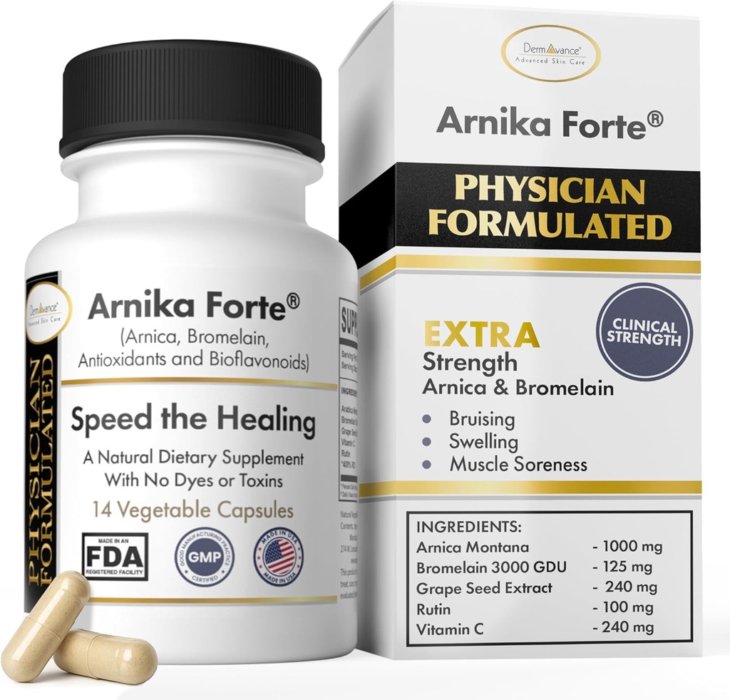 Cápsulas de Forte Arnika – Reductor de Hinchazón y Bruising Después de Cirugía y Tratamientos Estéticos, Antioxidantes " Bioflavonoides, Arnica 1000mg, Bromelain 125mg 3000GDU - 14 Cápsulas