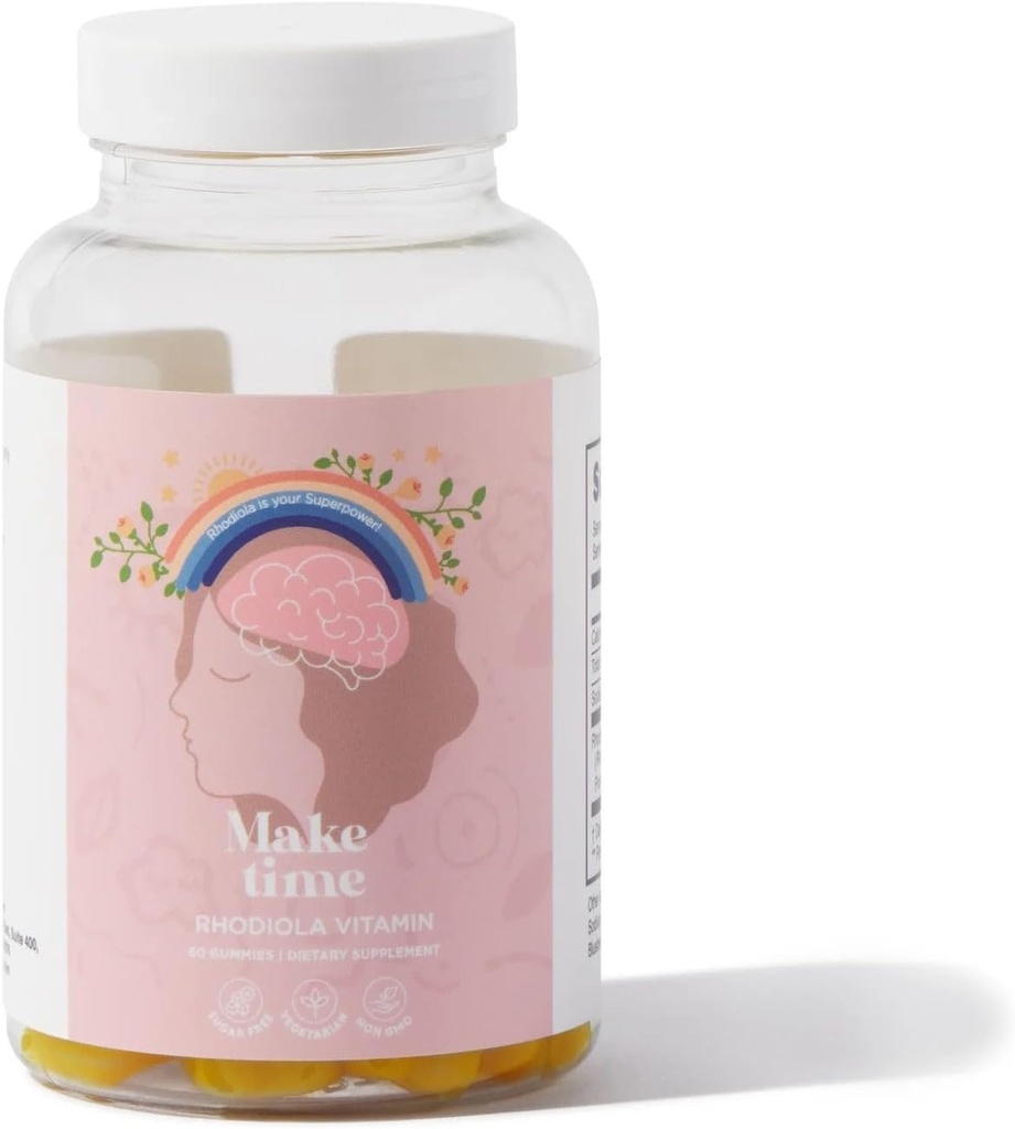 HACER TIEMPO Mujeres Rhodiola Gummies for Brain Health and Stress TENIDO Solución Maltitol, Isomalt, Pectin, Ácido Citrico, Citrato de Sodio, Aceite Vegetal, Carnauba Wax (30 Servimientos)
