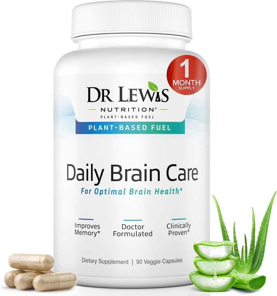 Suplementos cerebrales para la memoria y el enfoque – Dr. Lewis Daily Brain Care Capsules con Aloe Vera – Suplemento Nootrópico y Energía de base vegetal para la Fog cerebral, la claridad mental y el soporte inmunológico – 90 cápsulas