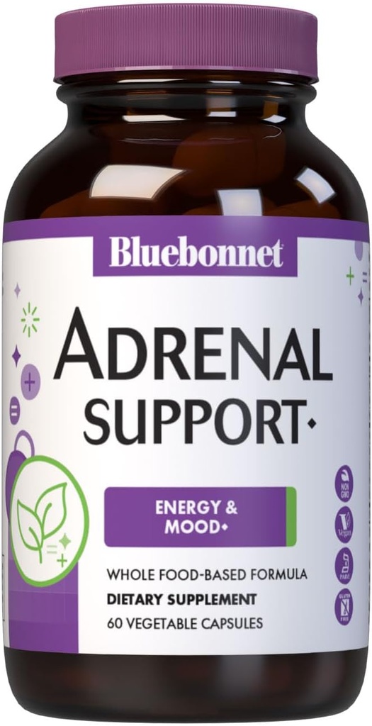Bluebonnet Nutrition Adrenal Support, Energy & Mood*, Non-GMO, Vegan, Kosher Certified, Gluten-Free, Soy-Free, Dairy-Free, 60 Vegetable Capsules, 30 Servings
