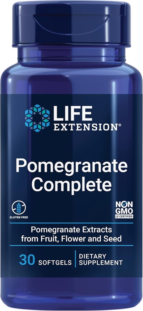 Extensión de la vida Pomegranate Complete, Extracto de frutas, Flor, Extracto de aceite de semilla, Salud cardiovascular, soporte antioxidante, suplemento superalimentario, Gluten Free, No GMO, 30 softgels