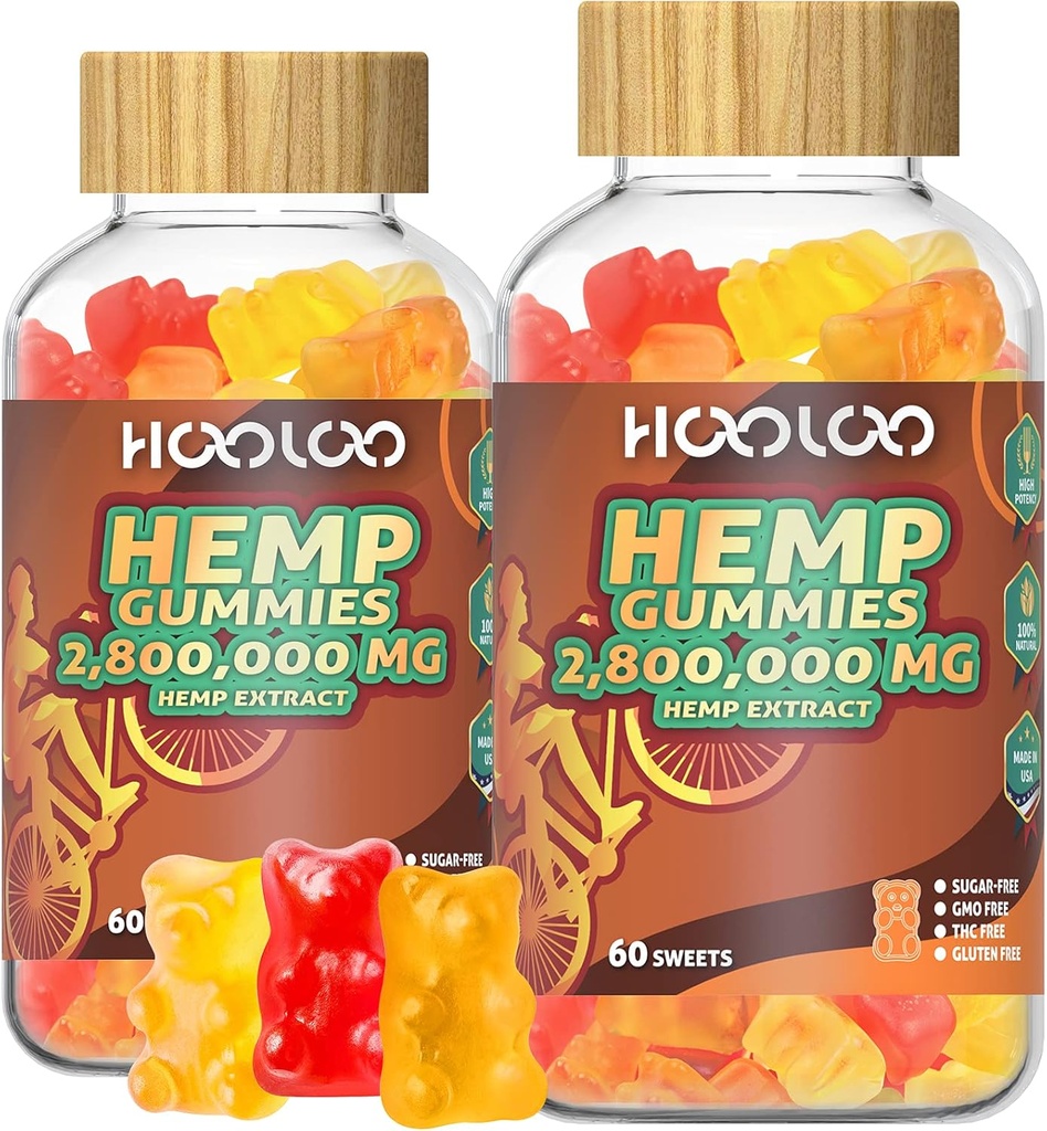 HOOLOO Hemp Gummies for Happier Bedtimes & Focus, Extra Strength 2,800,000mg Hemp Oil Infused Gummy Bears Fruity, Sugar Free, 120ct Edibles, Made in USA