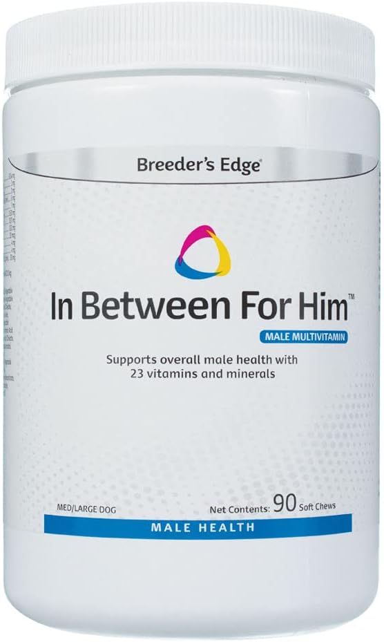 Breeder’s Edge in Between for him Supplement for Male Dogs & Cats, Daily Multivitamin Supporting Energy &amp; Reproductive Health, with Essential Vitamins & Minerals, 90 Count for Medium & Large Dogs