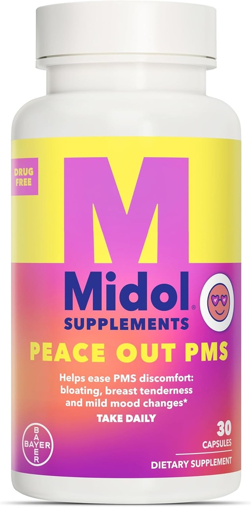 MIDOL Supplements Peace Out PMS, PMS Support Supplement, Formulated with Chasteberry to Help Ease Breast Tenderness & Mild Mood Changes, Also with Ginger Powder & Valerian Extract, 30 Count