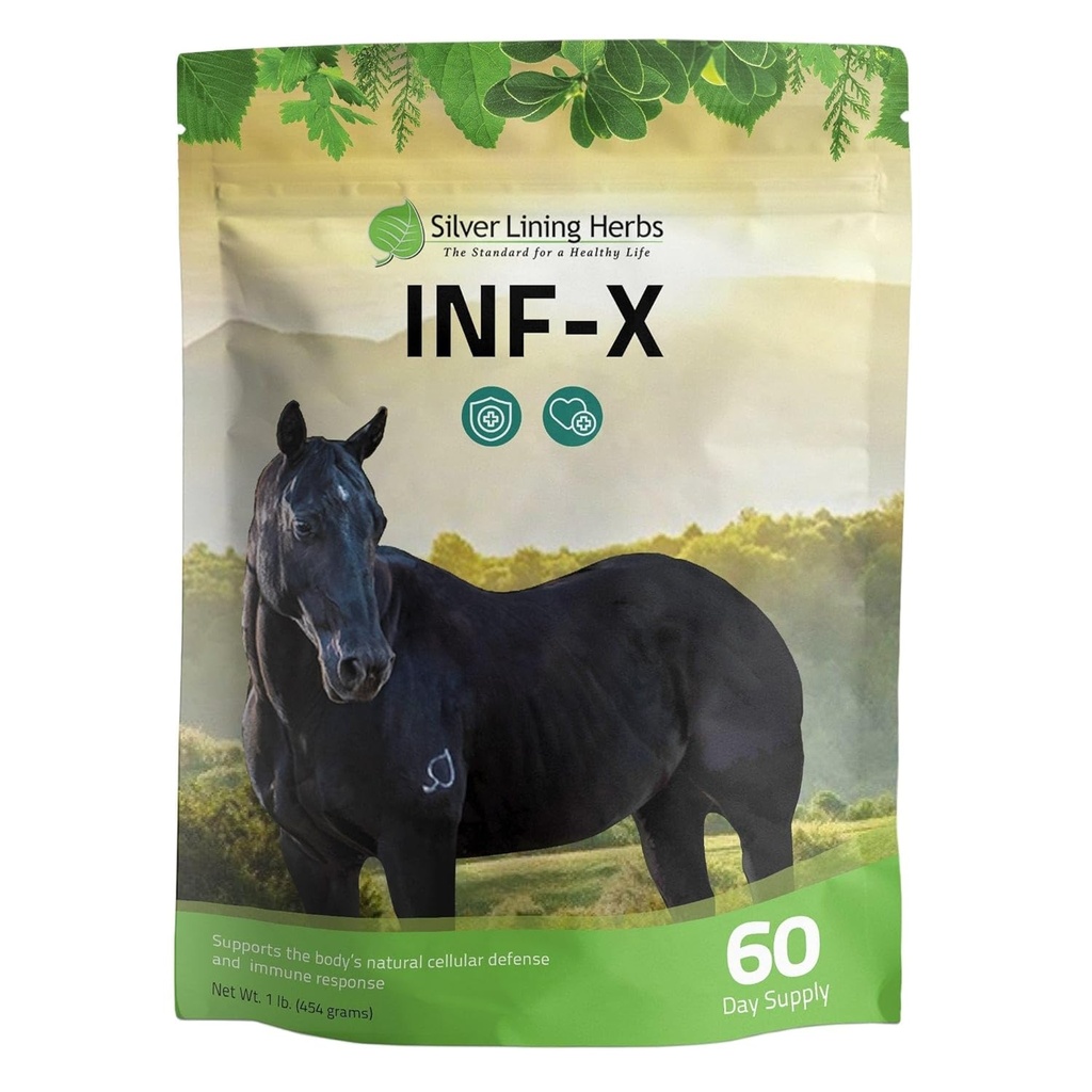 Herbs de forro de plata Equine INF-X - Apoya el Alivio de la Estrés de Caballo y Niveles Saludables de Buenas Bacterias - Apoyo Natural para el Sistema Equino Inmunitario - Suplemento Herbal para la Detoxificación Equina - 1 lb