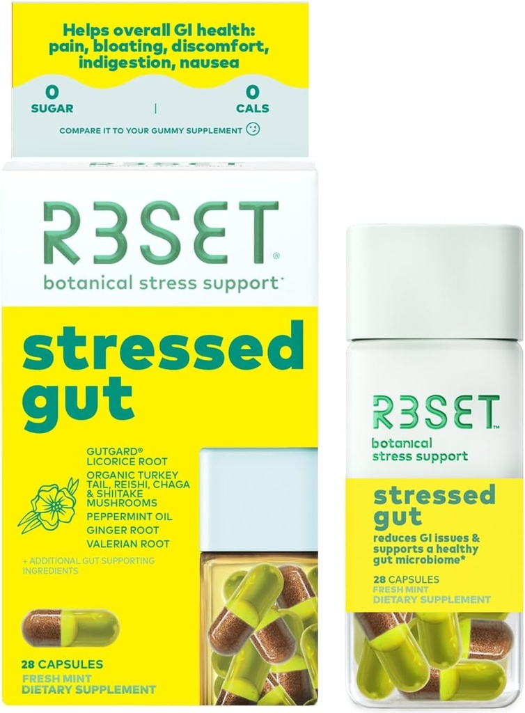 R3SET Stressed Gut Prebiotic Daily Supplement for Gut Health, Heartburn, Bloating, Gas – Complement Probiotics for Women + Men - Ginger, Licorice Root, Organic Mushrooms Blend, Natural, 28 Cuenta