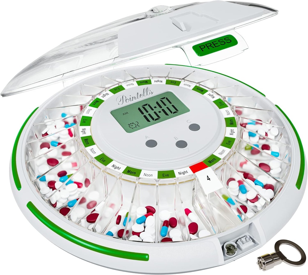Dispensador automático de píldoras con alarma de sonido para el organizador de medicamentos templados - 28 días Máquina dispensadora de píldoras para ancianos con alarma, sonido, luz - dispensador de medicamentos templado Organizadores