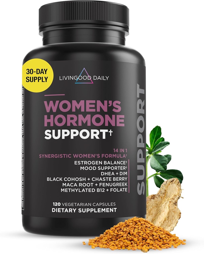 Livingood Daily Women’s Hormone Support Supplement, Estrogen Balance with Fenugreek, Black Cohosh, Chasteberry, DIM, Natural PMS " Menopause Support, Non GMO, Gluten Free, Vegetarian Capsules, 120 Ct