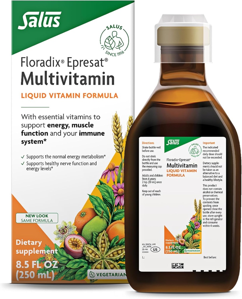 Floradix Epresat Adult Liquid Multivitamin - Suplemento Herbal - Suplemento diario con vitamina A, D, B6, Milk Thistle &amp; More - Apoya Energía &amp; Salud del hígado - Vegetariano, No GMO - 8,5 fl oz