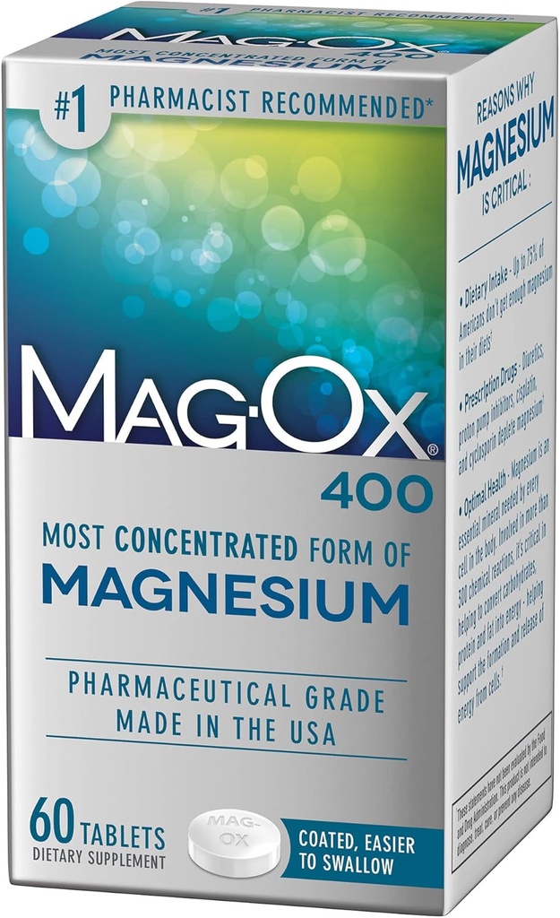 Mag-Ox 400 Suplemento Magnesio, Oxido de Magnesio de Grado Farmacéutico con 482 mg por dosis, 60 tabletas