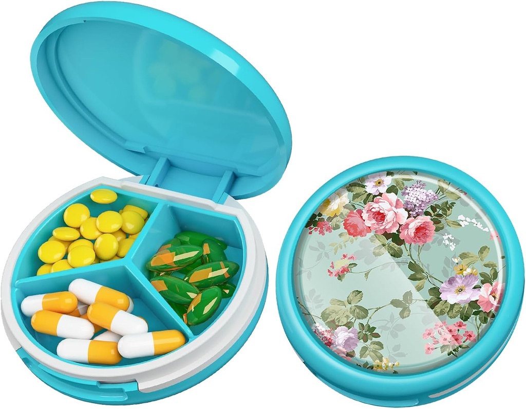 Caja de Pill pequeña Serfeymi - 3 Compartimientos Caja de Píldora Portátil, Caja de Píldora compacta Mini Travel Pill - Adecuado para Medicina, Vitamina, Aceite de Pesca, Suplementos - Azul Ligero (Garden Bloom)