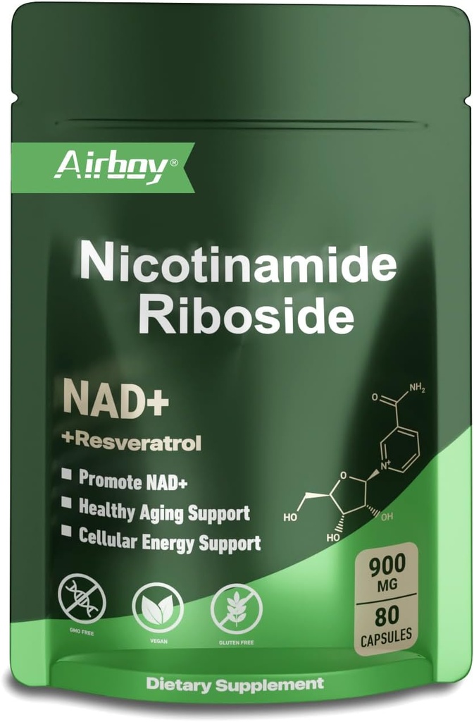 Airboy NAD Suplemento con Nicotinamide Riboside Resveratrol " Quercetin 900 mg, NMNH Alternative for Men and Women Support Anti-Aging, Energy, Focus - 80 cápsulas
