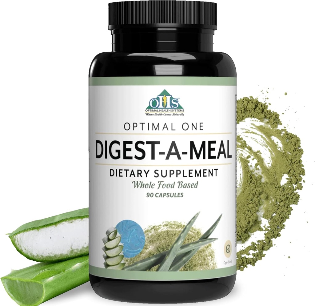 Sistemas de salud óptimos Digest-A-Meal ← Gut Health Enzyme " Probiótico TENIDO Bloating, Acid Reflux, " Indigestion Relief + Aloe Vera Leaf ANTE Digestion Supplement TEN 90 Capsules