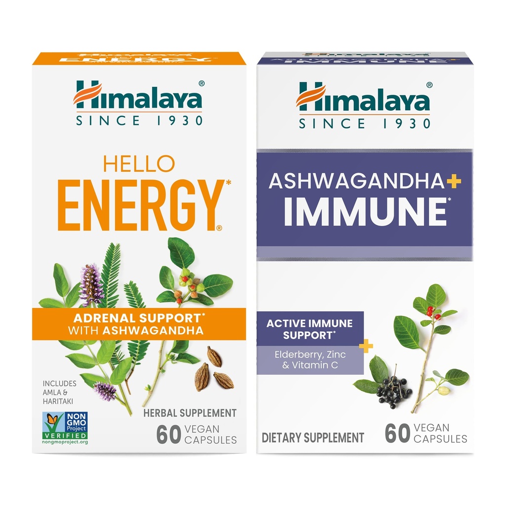 Himalaya Hello Energy with Ashwagandha for Adrenal Support & Daily Energy and & Ashwagandha + Inmune with Vitamin C for Active Immune Support, 60 Capsules Every - Bundle
