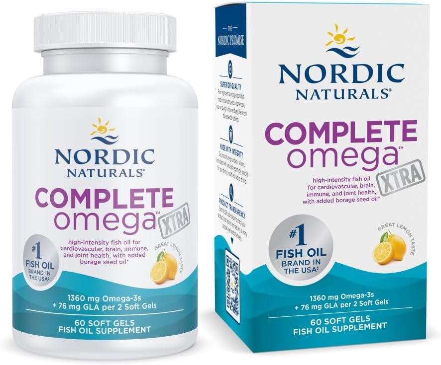 Naturales nórdicos completa Omega Xtra, Lemon - 60 geles blandos - 1360 mg Omega-3 + 76 mg GLA - Esquí sano - Cognición - No GMO - 30 Actuaciones
