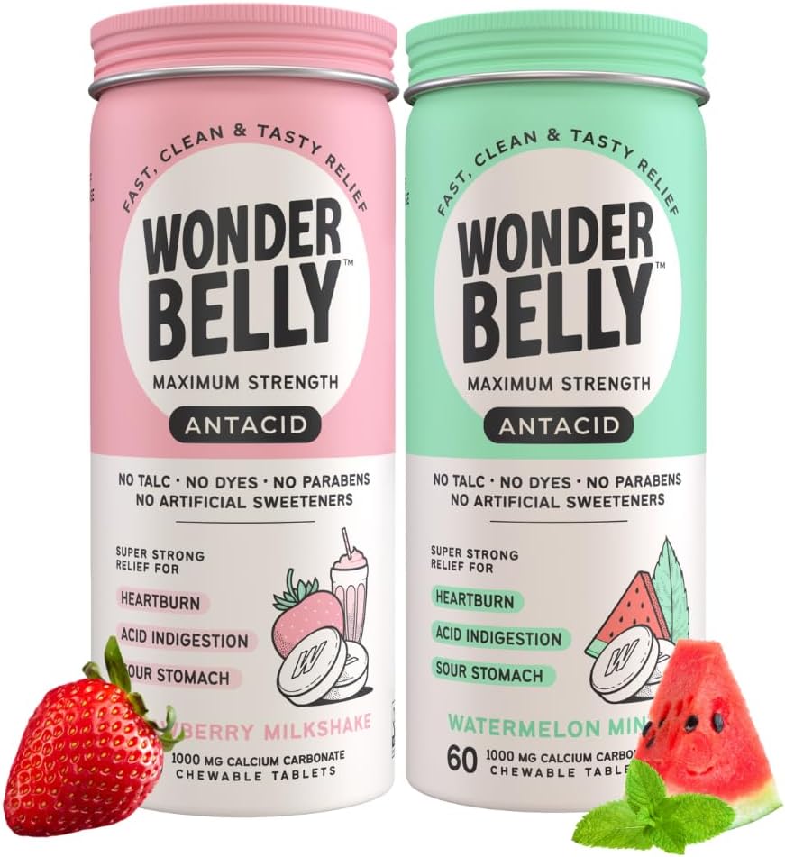 Antacid Chewable Tablets Bundle Effective Heartburn and Instant Acid Indigestion Relief, Maximum Strength (Strawberry Milkshake & Watermelon Mint)