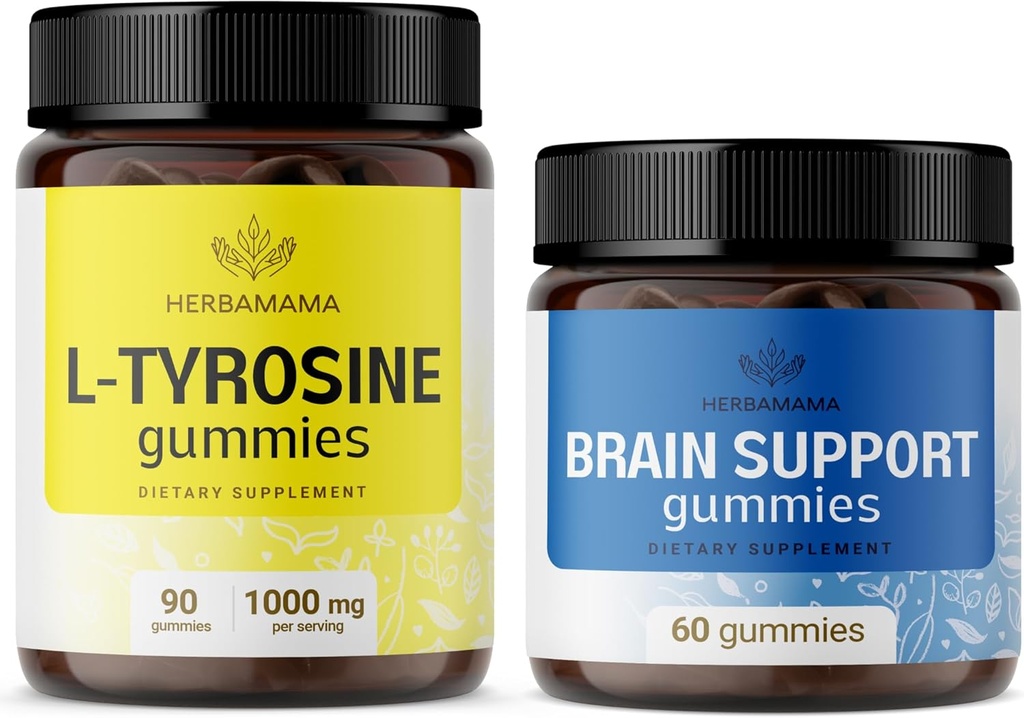HerBAMAMA L-Tyrosine and Brain Support Kit - Bundle of 1000 mg L-Tyrosine &amp; Brain Support Complex Gummies - Vegan, Non-GMO, Gelatin-Free - 2 Pack