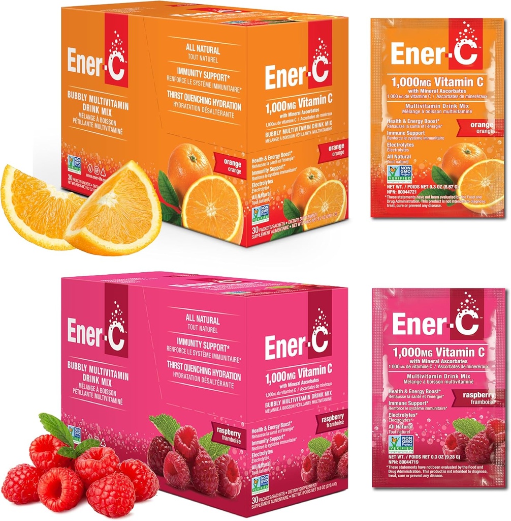 Ener-C Orange &amp; Raspberry Multivitamin Drink Mix Powder Vitamin C 1000mg &amp; Electrolytes with Real Fruit Juice Natural Energy &amp; Immune Support for Women &amp; Men - Non-GMO Vegan & Gluten Free - 60 Count