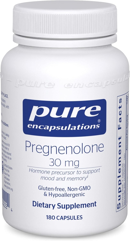 Encapsulaciones puras Pregnenolona - 30 mg - Soporte hormonal - Memory Support &amp; Brain Supplement - Gluten Free &amp; Vegan - 180 cápsulas