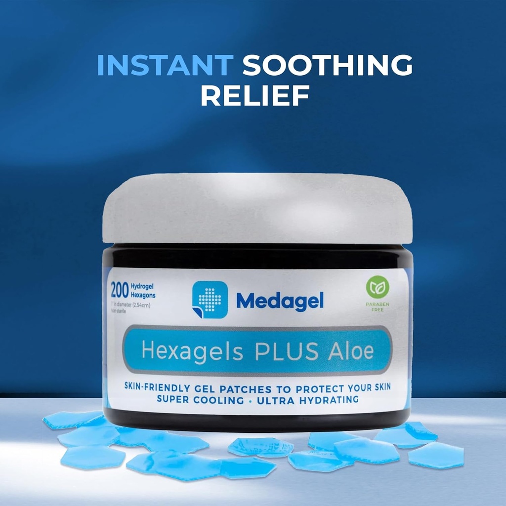 Hexagels Plus Aloe Vera - Avanzado Healing Hydrogel Pads for Blister Prevention & Soothing Burn Care - Foot, Heel, Toe, &amp; Ankle Protection, Pack of 200, 1-Inch Patches, por Medagel, Paraben Free