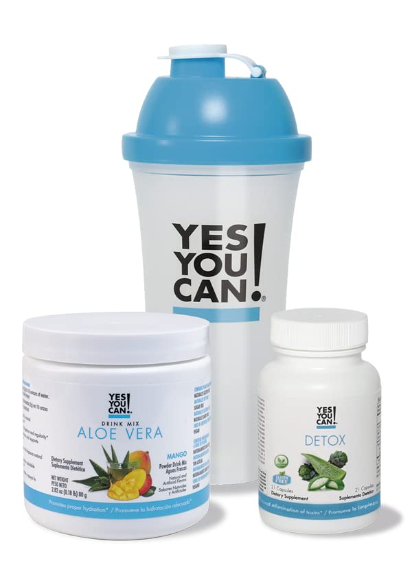 ¡Sí puedes! Detox Kit Bundle - Incluye YYC! Cápsulas, Aloe Vera Drink Mix, y Botella de Agua, Kit de Limpieza Corporal, Limpieza diaria y hidratación adecuada con vitaminas - (Mango)