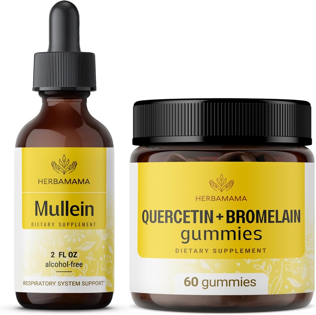 HERBAMAMA Mullein Leaf Extract and Quercetin Gummies Kit - Bundle of Mullein Leaf Drops 2 fl oz and 800 mg Quercetin with Bromelain Gummies - Vegan, Non-GMO, Alcohol-Free - 2 Pack