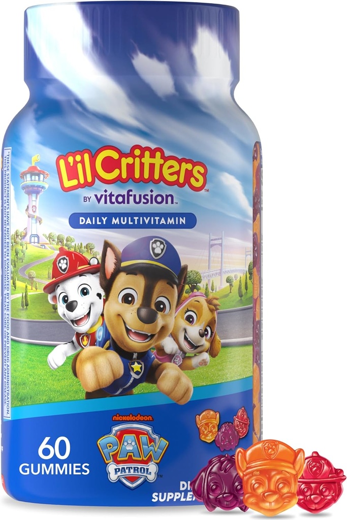 L’il Critters Paw Patrol Gummy Vites Daily Gummy Multivitamin for Kids, Vitamina C, D3 para Immune Support Cherry, Orange y Blueberry Flavors, 60 Gummies