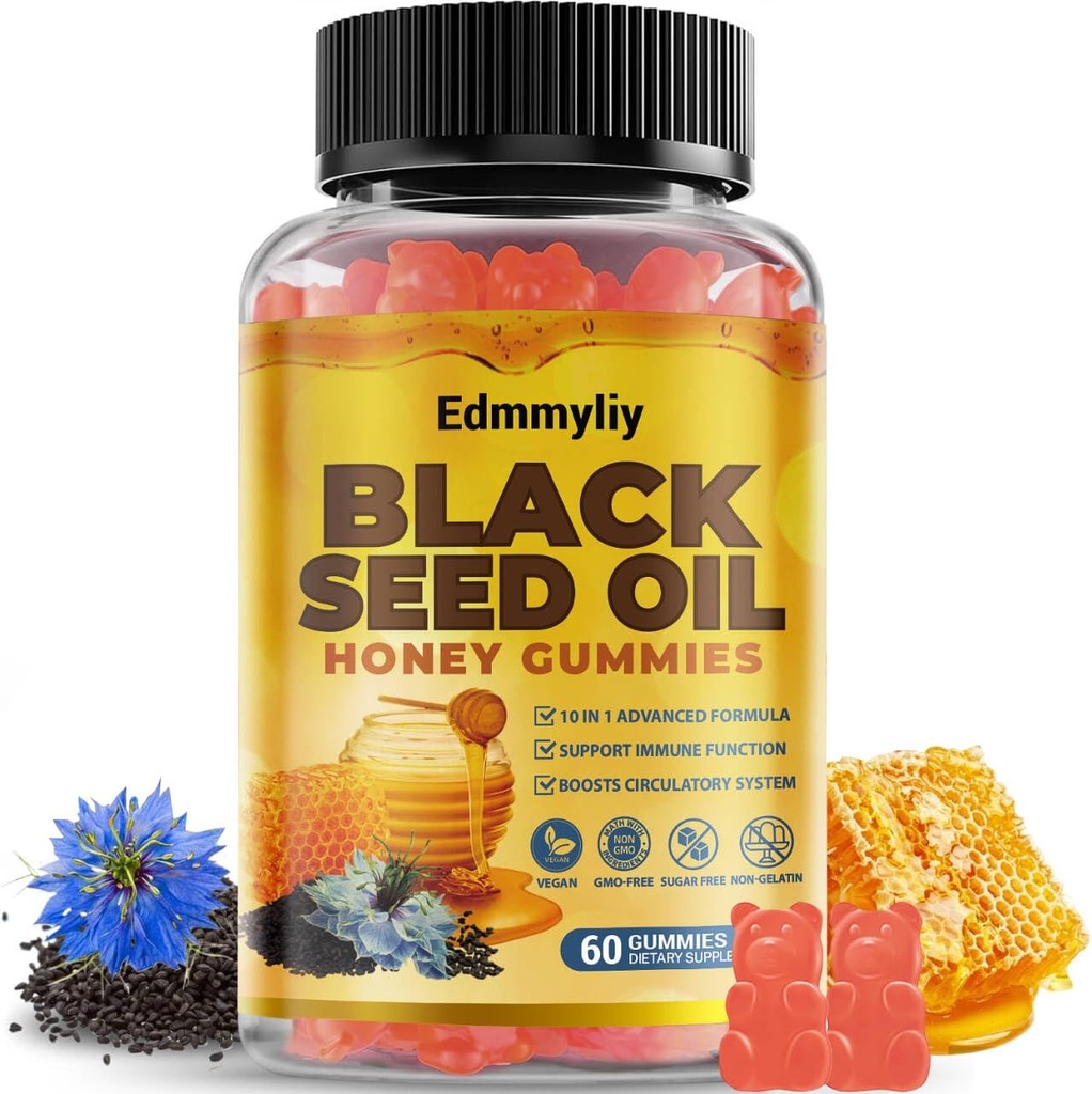 Black Seed Oil & Honey Gummies - Black Seed Oil 500mg with Biotin, Ashwagandha Extract, Turmeric Extract, Vitamin C &amp; B6 - Supports Immune &amp; Digestion