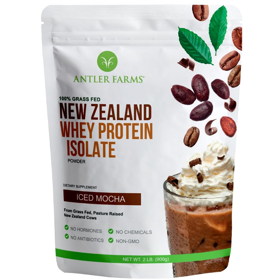 Antler Farms - 100% Grass Fed New Zealand Whey Protein Isolate, Iced Mocha Flavor, 2 lbs - Pure and Clean, 6 Ingredients, Cold Processed