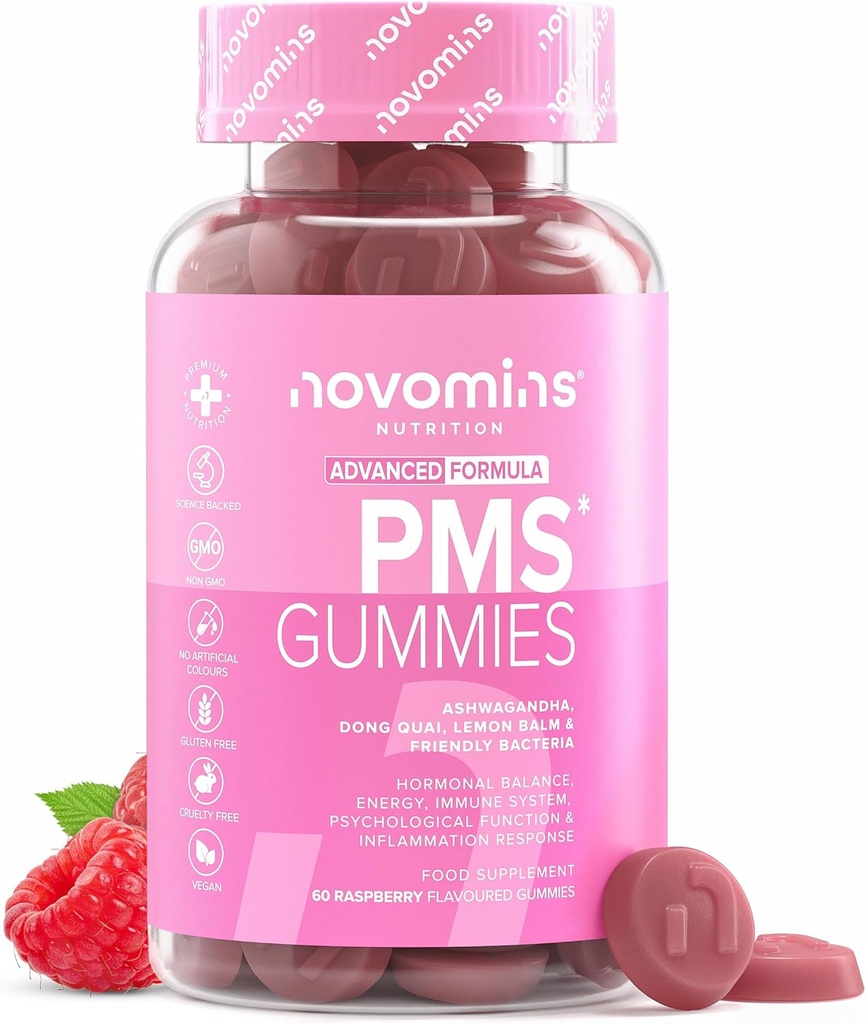Novomins PMS Gummies con Probióticos – Suplementos de PMS para Mujeres – Equilibrio hormonal – Apoya Regulación hormonal, Energía, Sistema nervioso, Función cognitiva & sistema inmunológico