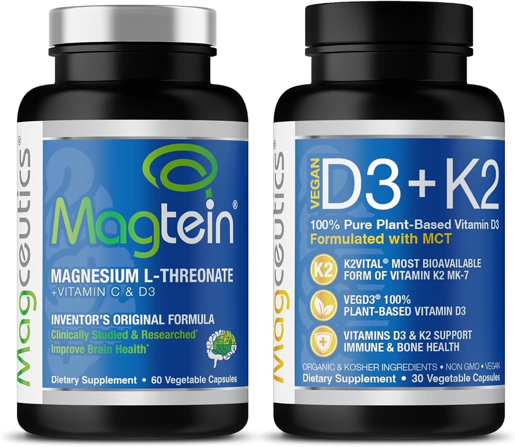 Magtein Magnesium L-Threonate and Vitamin D3 K2 Bundle