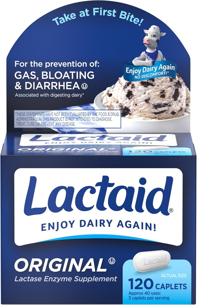 Lactaid Original Strength Lactose Intolerance Pills, 9000 FCC Natural Lactase Enzyme Dairy Relief Caplets, Helps Prevent Gas, Bloating " Diarrhea Debido a la sensibilidad de lactosa en Adultos " Niños, 120 Cuentas