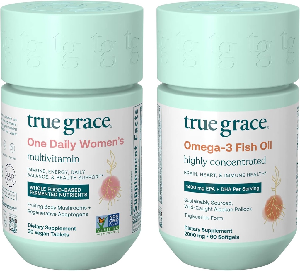 True Grace One Daily Women’s Multivitamin (30 Vegan Tablets) & Omega-3 Fish Oil (60 Softgels) - Gluten Free, Soy Free, Organic - 30-Day Supply of each