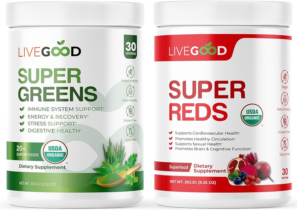 LIVEGOODTM Ecológico Super Verdes &amp; Super Rojos Bundle con trigo, Barley, Matcha Green Tea, Aloe, Beet Root, Pomegranite, Vegan, Sin gluten