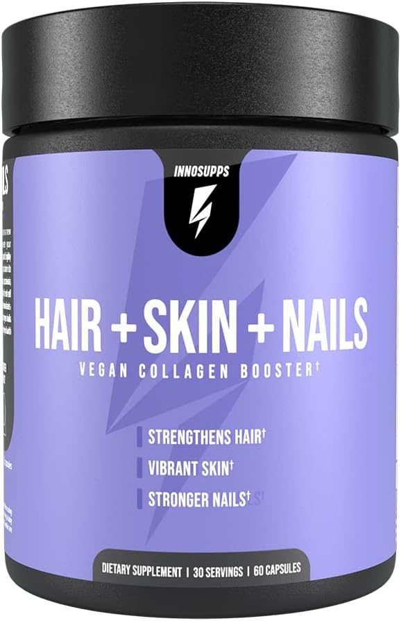 InnoSupps Hair + Skin + Nails Supplement ¦ Vegan Collagen Booster  Biotin, B12, Horsetail Herb Powder ← Estimular el crecimiento del cabello, revitalizar la piel, fortalecer las uñas  60 cápsulas