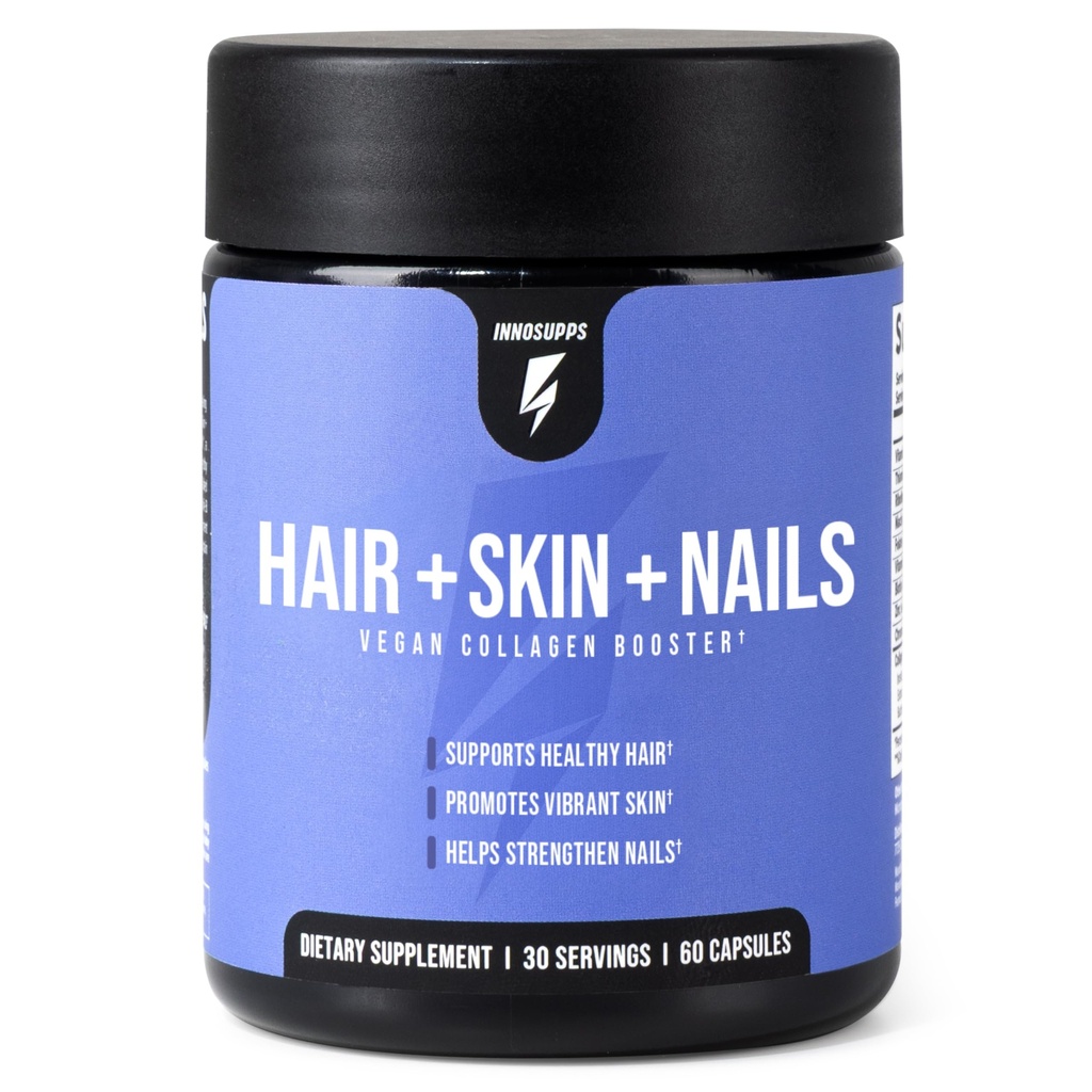 InnoSupps Hair + Skin + Nails Supplement ¦ Vegan Collagen Booster  Biotin, B12, Horsetail Herb Powder ← Estimular el crecimiento del cabello, revitalizar la piel, fortalecer las uñas  60 cápsulas