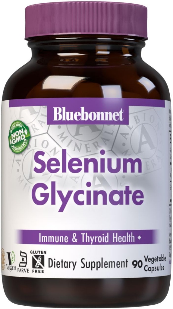 Bluebonnet Nutrition Albion Selenium Glycinate, Immune Health*, Thyroid Health*, Soy-Free, Gluten-Free, Non-GMO, Kosher Certified, Dairy-Free, Vegan, 90 Vegetable Capsules, 90 Serviciones