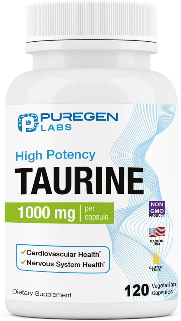 Labs de Purégen Taurine 1000mg [High Potency] 120 Veg Capsules  No Harmful Additives ← Non-GMO, NO Gluten and Dairy, apoya la salud del corazón y la recuperación del músculo.