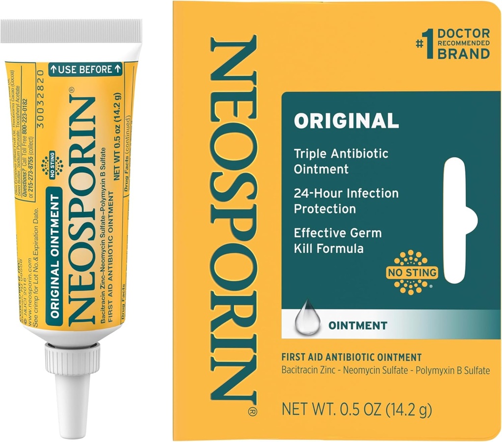 Neosporin Original Primeros Aumento Antibiótico con Zinc Bacitracina para Protección de Infección, Tratamiento de Cuidado de Heridos &amp; Minimizador de Apariencia de Escarabajos para Cortes Menores, Raspas y Quemaduras, 5 oz