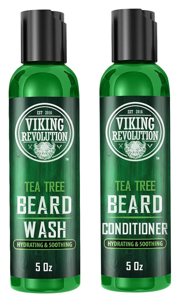 Vikingo Revolución Tea Tree Beard Wash and Conditioner Set para Hombres - Softener de barba natural con aceite de argán, vitamina E y ginseng (5 Oz)