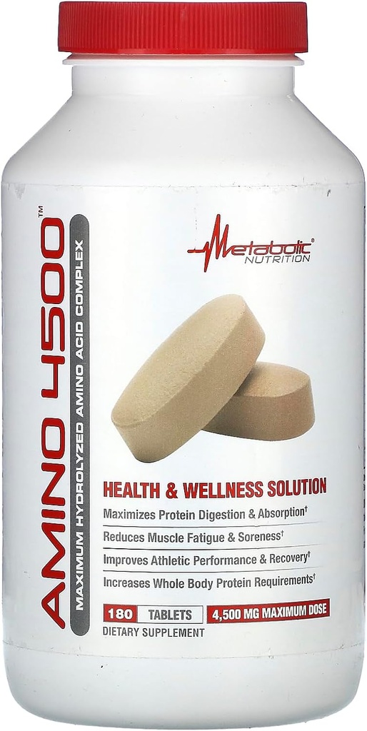 Nutrición metabólica Amino 4500 Tabletas Potencia máxima Complejo hidrolizado Aminoácidos 4500 mg (180)